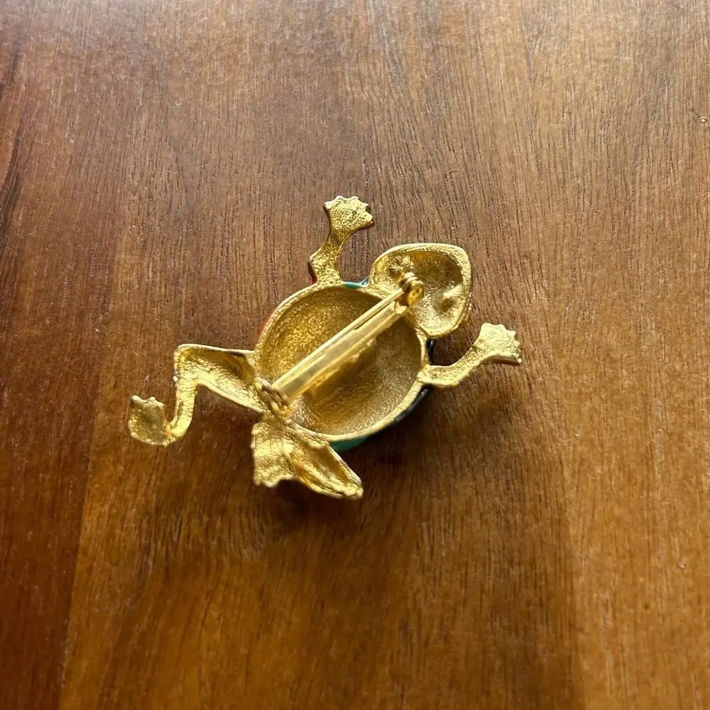 Vintage Enamel Frog Brooch | Gold Tone Multicolor Figural Pin Retro Jewelry